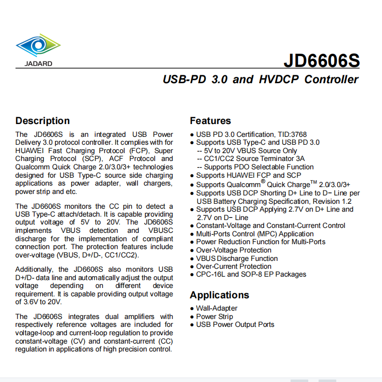 20W PD協(xié)議芯片JD6606SSP多協(xié)議控制器