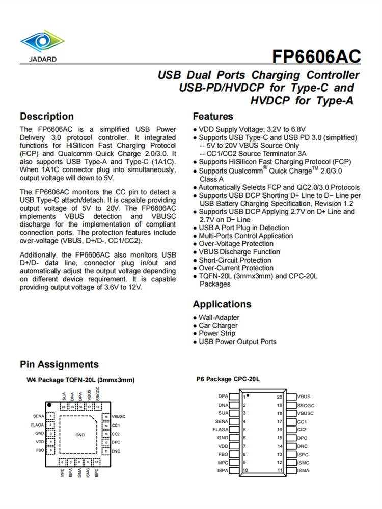 FP6606AC USB-PD 3.0協(xié)議控制器 支持USB Type-A、USB Type-C 快速充電協(xié)議IC芯片