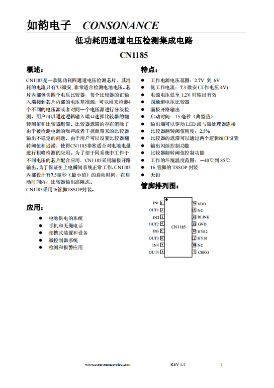CN1185：低功耗四通道電壓檢測(cè)芯片，靈活配置閾值與遲滯，適用于電池電量粗略檢測(cè)