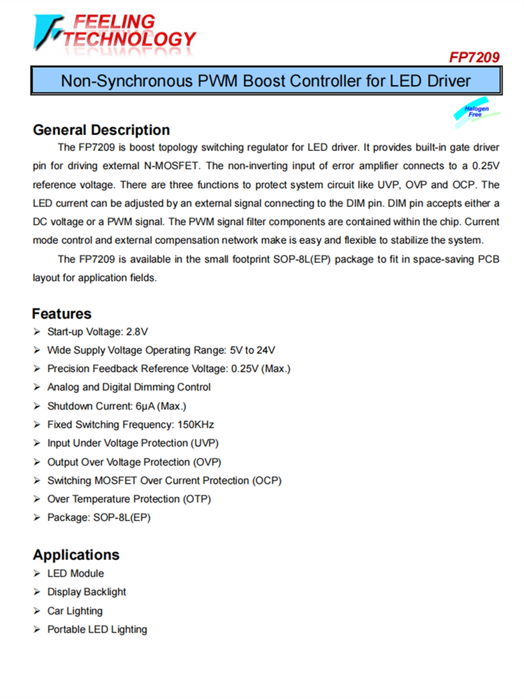 FP7209 針對LED驅(qū)動程序的非同步PWM啟動控制器芯片 FP7209 針對LED驅(qū)動程序的非同步PWM啟動控制器芯片