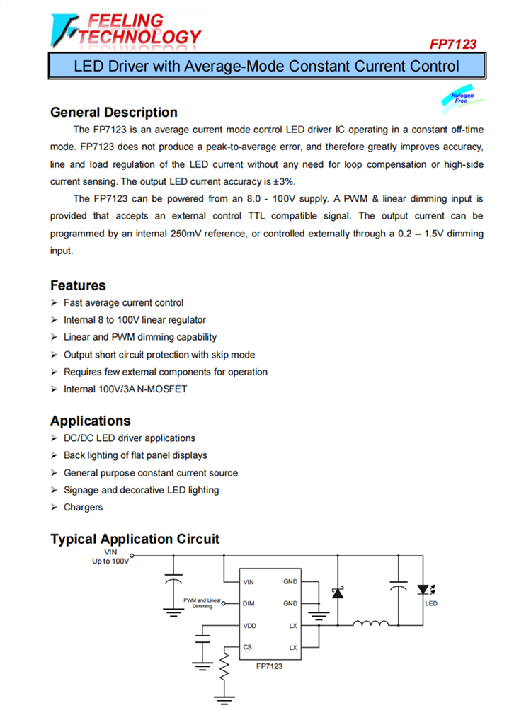 FP7123 具有平均模式恒定電流控制的LED驅(qū)動器芯片 FP7123 具有平均模式恒定電流控制的LED驅(qū)動器芯片