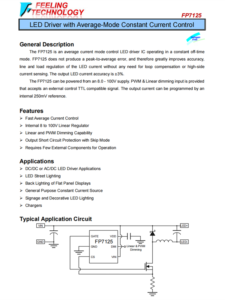 FP7125 具有平均模式恒定電流控制的LED驅(qū)動器芯片 FP7125 具有平均模式恒定電流控制的LED驅(qū)動器芯片