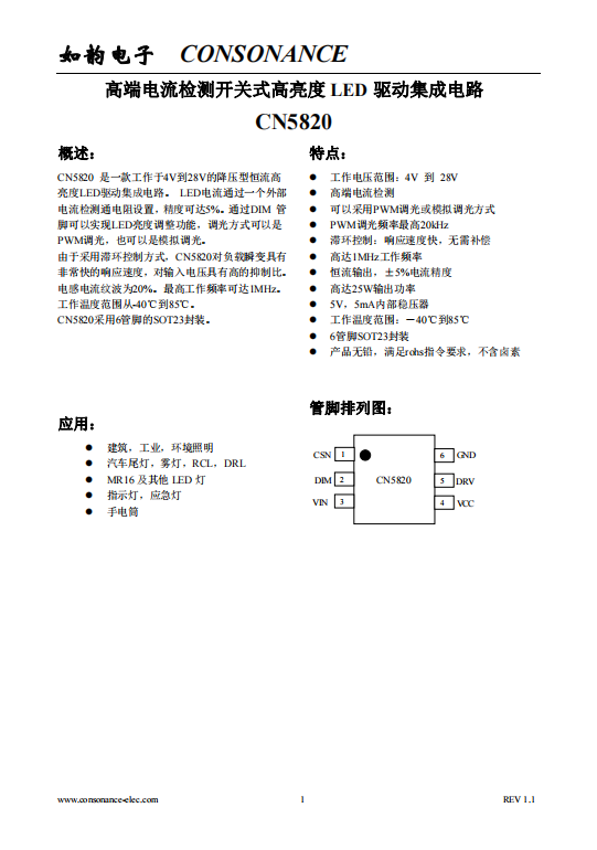 CN5820：4V至28V寬壓恒流LED驅(qū)動(dòng)IC，5%高精度，支持PWM與模擬調(diào)光