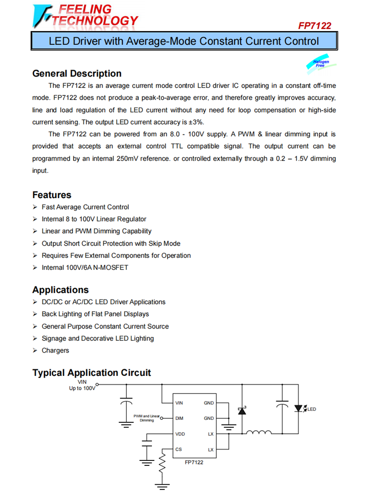 FP7122 具有平均模式恒定電流控制的LED驅(qū)動(dòng)器芯片 FP7122 具有平均模式恒定電流控制的LED驅(qū)動(dòng)器芯片