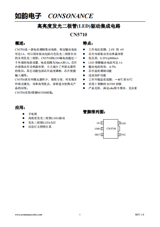 CN5710：集成化LED電流調(diào)制電路，支持高達(dá)1A恒定輸出與靈活電流調(diào)節(jié)