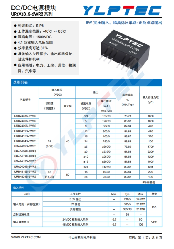 URB2424S-6WR3   DC-DC 輸入電壓9V~36V 輸出電壓24V輸出功率