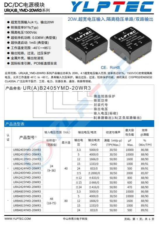 URB2412YMD-20WR3 20W,超寬電壓輸入,隔離穩(wěn)壓單路/雙路輸齣 URB2412YMD-20WR3 20W,超寬電壓輸入,隔離穩(wěn)壓單路/雙路輸齣