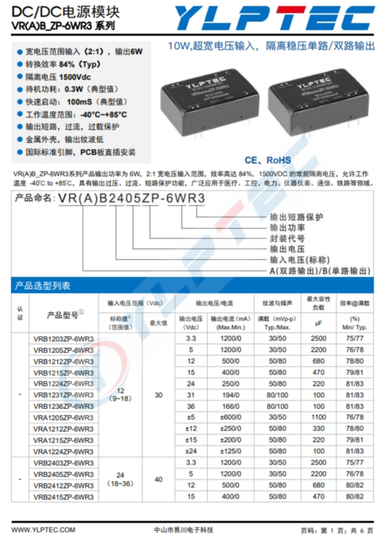 VRA2415ZP-6WR3  10W,超寬電壓輸入，隔離穩(wěn)壓?jiǎn)温?雙路輸齣