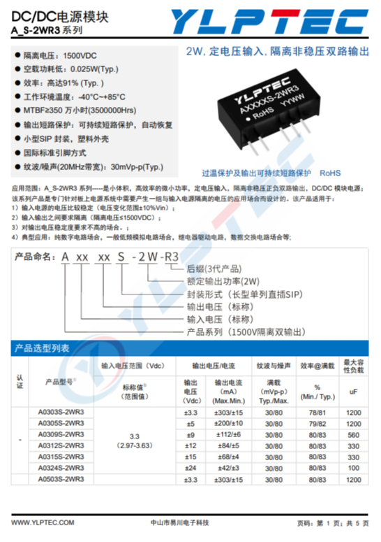 A0512S-2WR3 2W,定電壓輸入,隔離非穩(wěn)壓雙路輸出 A0512S-2WR3 2W,定電壓輸入,隔離非穩(wěn)壓雙路輸出