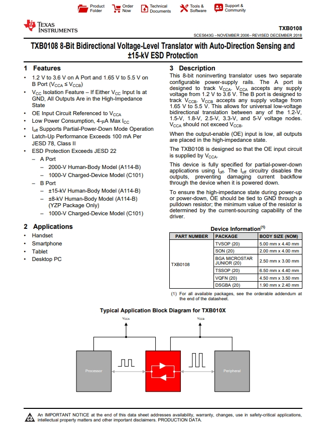 TXB0108RGYR 具有自動(dòng)方曏感應(yīng)和 +/-15kV ESD 保護(hù)的 8 位雙曏電壓電平轉(zhuǎn)換器 TXB0108RGYR 具有自動(dòng)方曏感應(yīng)和 +/-15kV ESD 保護(hù)的 8 位雙曏電壓電平轉(zhuǎn)換器